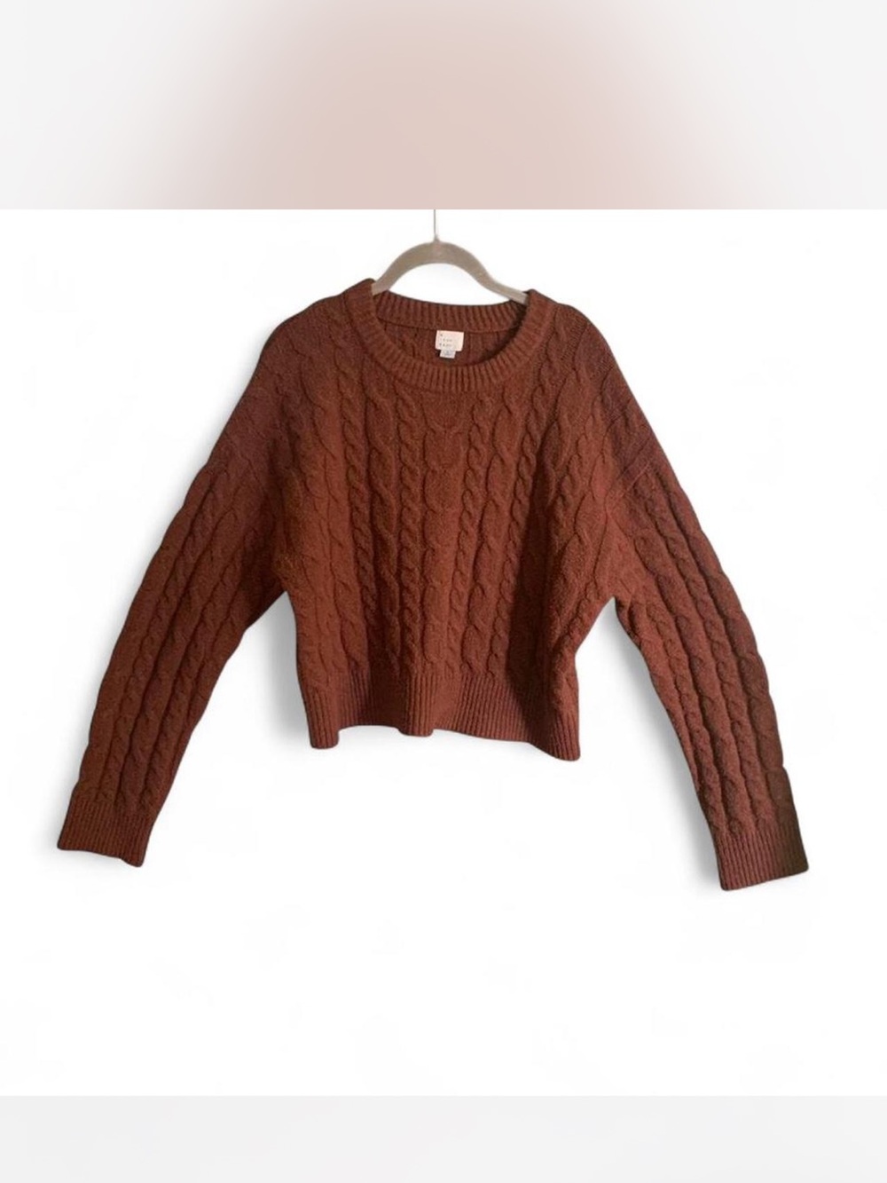 Cropped Granola Cozy Autumn anew day Cable-Knit Crew Sweater - Rust Brown size L